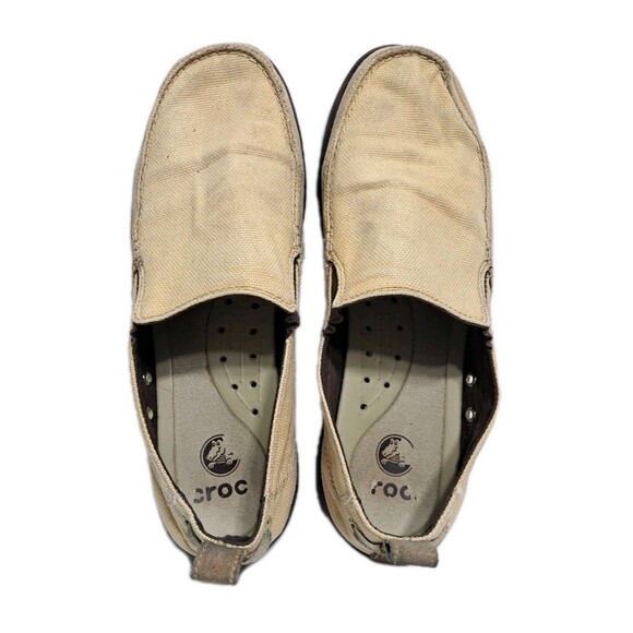 Crocs Walu Slip On Loafers Mens Size 12 Tan Canvas 11270 Boat Shoes Khaki - Picture 8 of 10